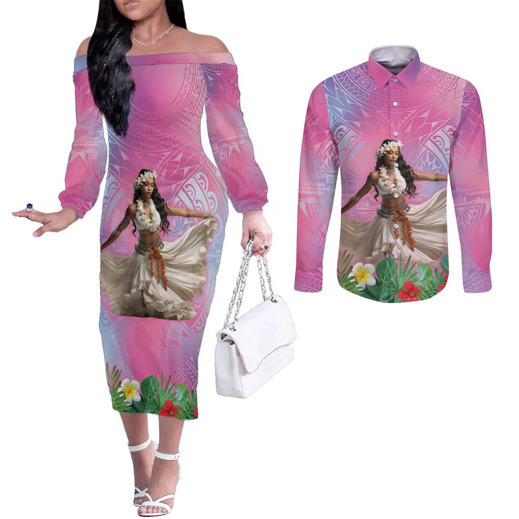 Woman Polynesian Tattoos Couples Matching Off The Shoulder Long Sleeve Dress and Long Sleeve Button Shirt Tropical Flower - Sweets Vibrant Color