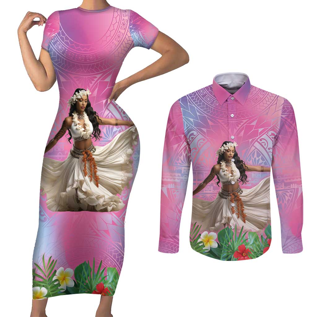 Woman Polynesian Tattoos Couples Matching Short Sleeve Bodycon Dress and Long Sleeve Button Shirt Tropical Flower - Sweets Vibrant Color