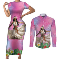 Woman Polynesian Tattoos Couples Matching Short Sleeve Bodycon Dress and Long Sleeve Button Shirt Tropical Flower - Sweets Vibrant Color