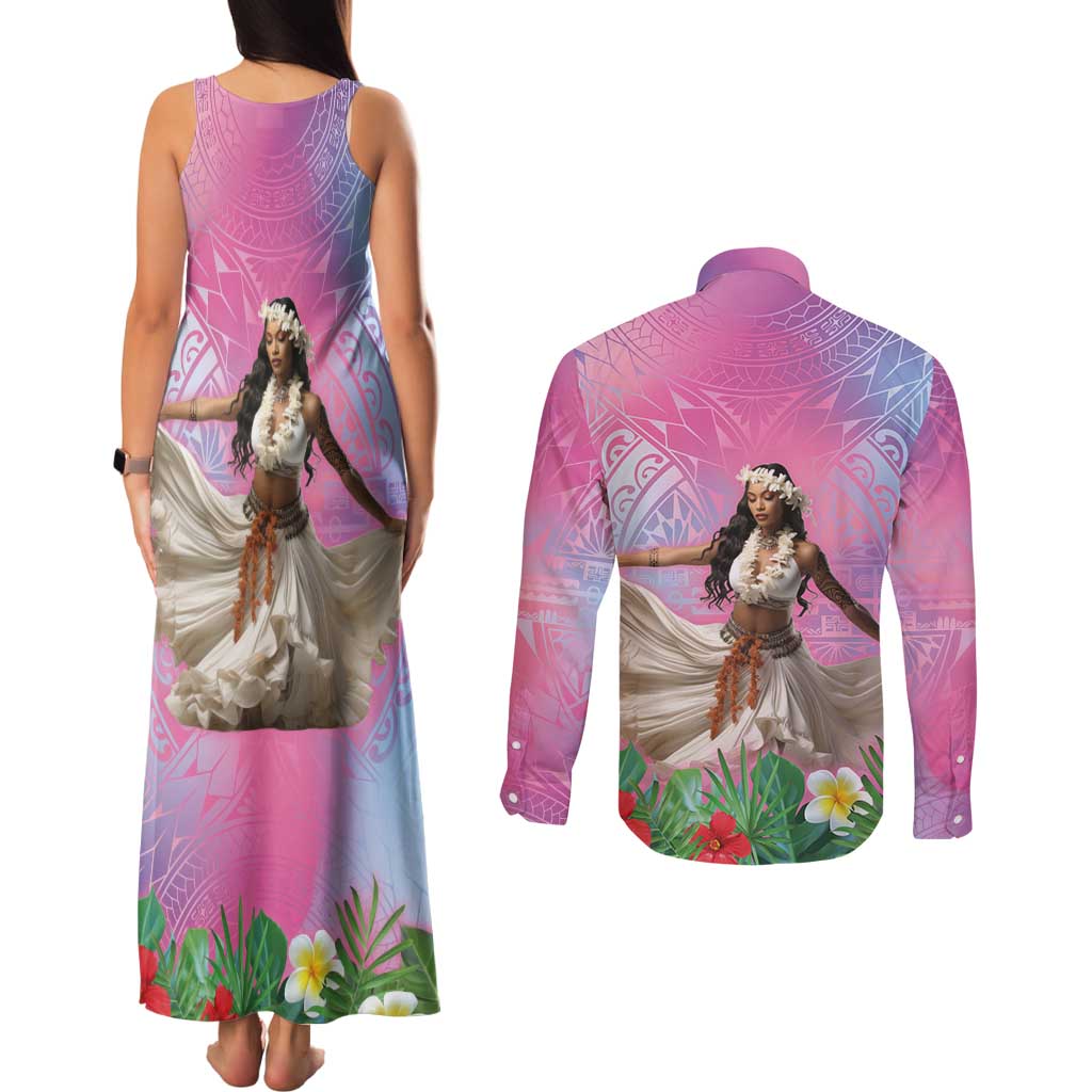 Woman Polynesian Tattoos Couples Matching Tank Maxi Dress and Long Sleeve Button Shirt Tropical Flower - Sweets Vibrant Color