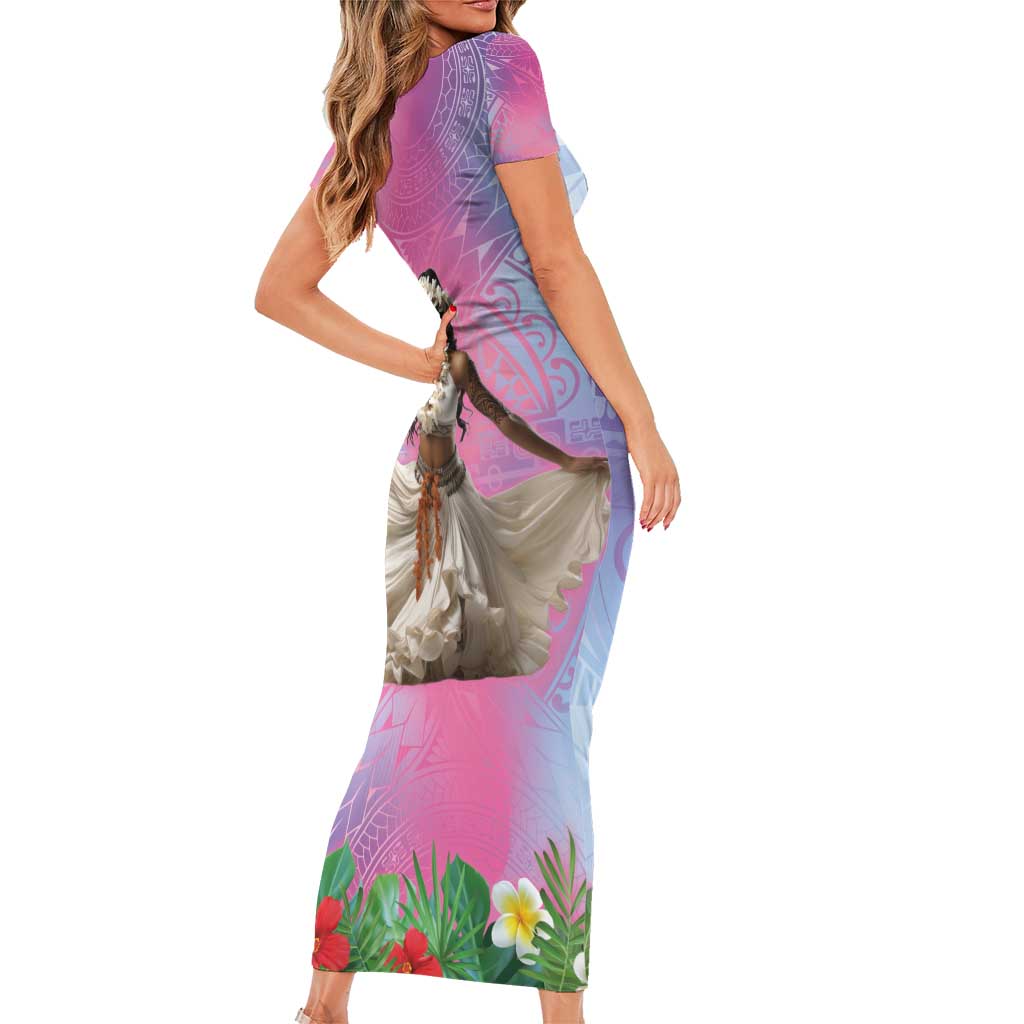 Woman Polynesian Tattoos Family Matching Short Sleeve Bodycon Dress and Hawaiian Shirt Tropical Flower - Sweets Vibrant Color