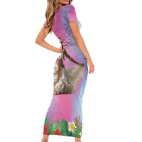 Woman Polynesian Tattoos Family Matching Short Sleeve Bodycon Dress and Hawaiian Shirt Tropical Flower - Sweets Vibrant Color