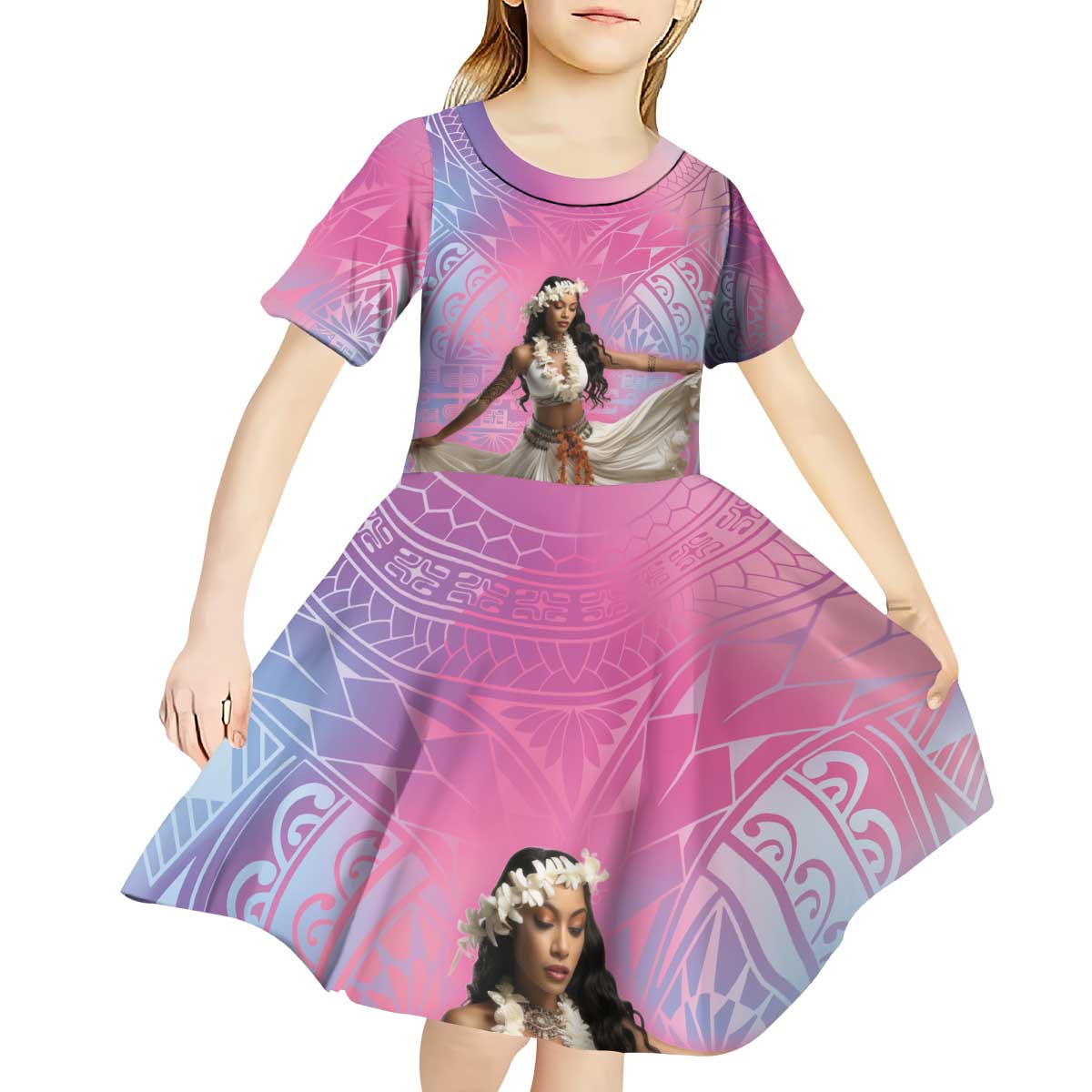 Woman Polynesian Tattoos Kid Short Sleeve Dress Tropical Flower - Sweets Vibrant Color LT03 - Polynesian Pride