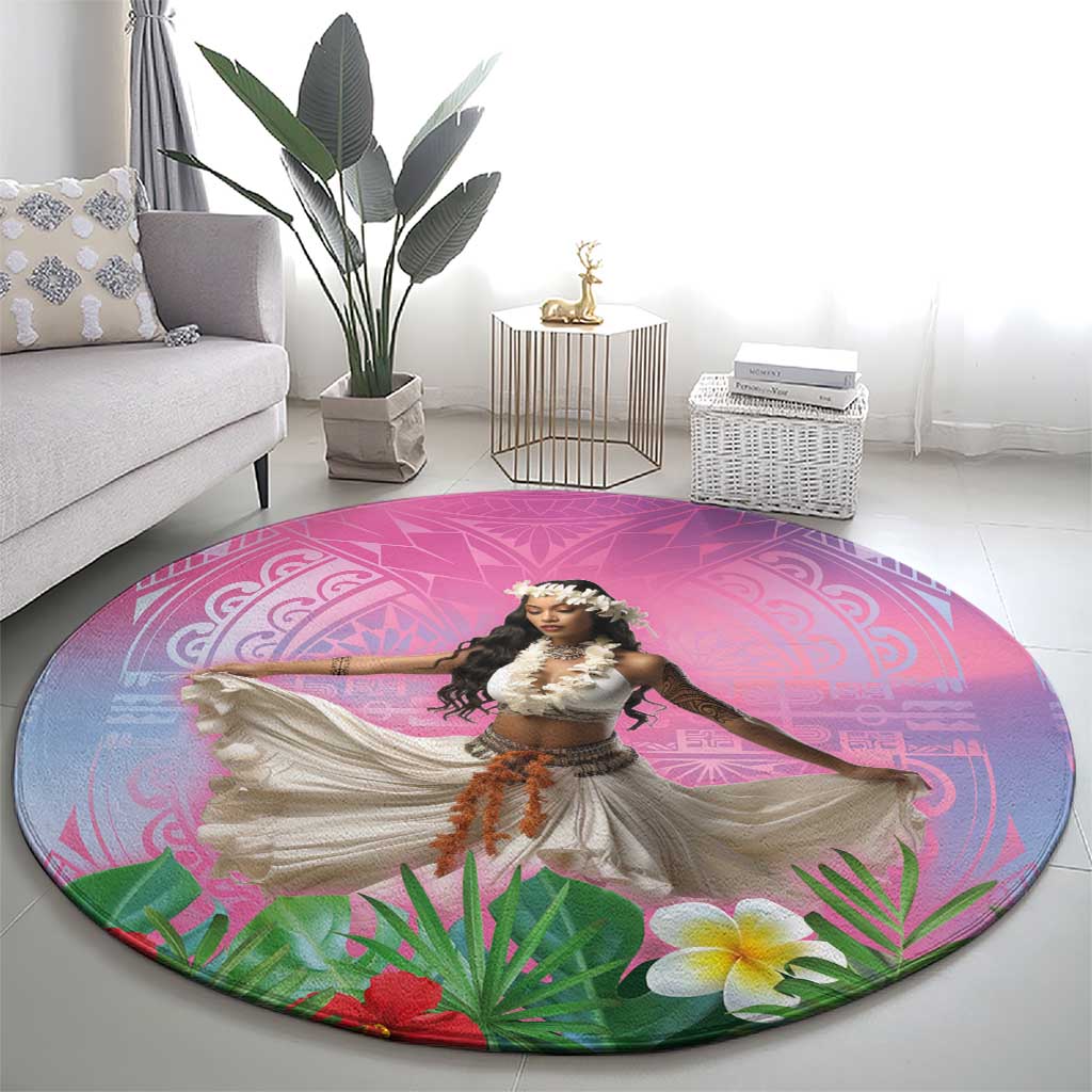 Woman Polynesian Tattoos Round Carpet Tropical Flower - Sweets Vibrant Color