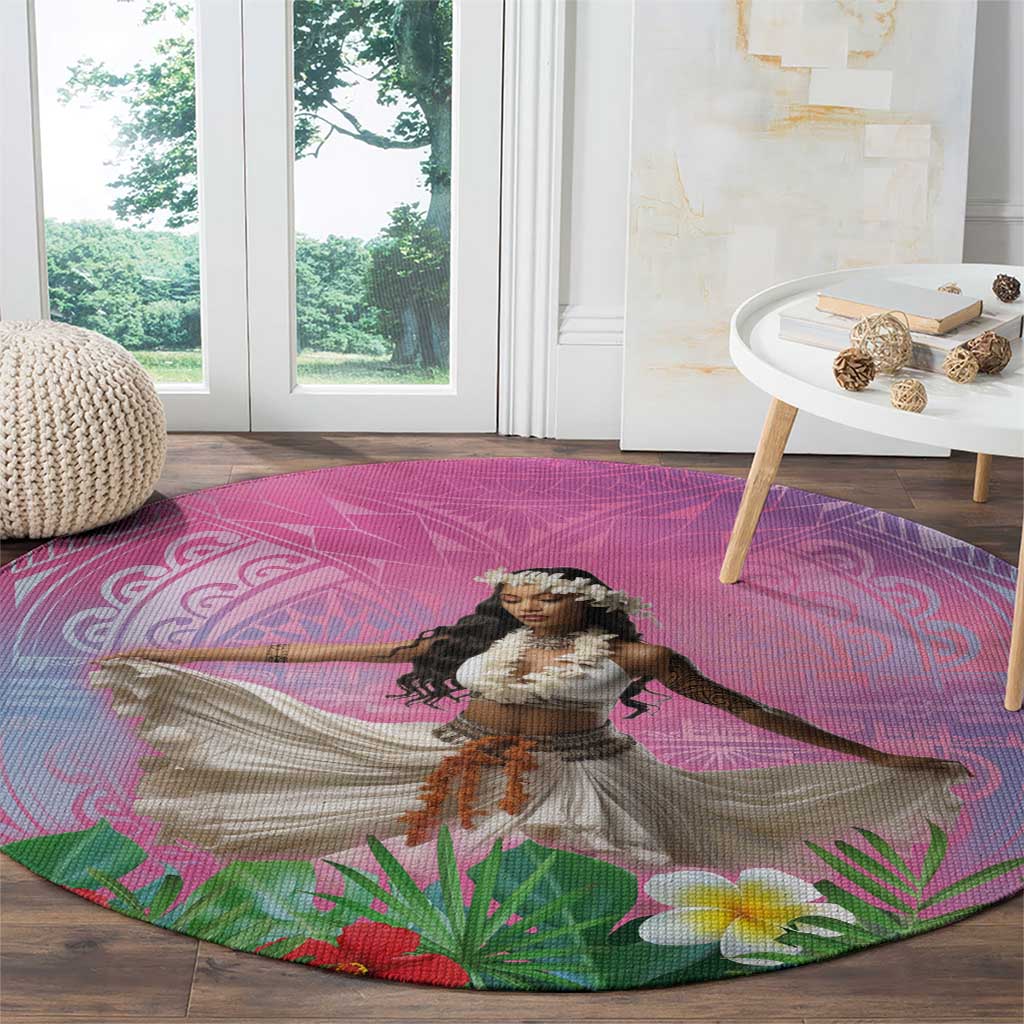 Woman Polynesian Tattoos Round Carpet Tropical Flower - Sweets Vibrant Color