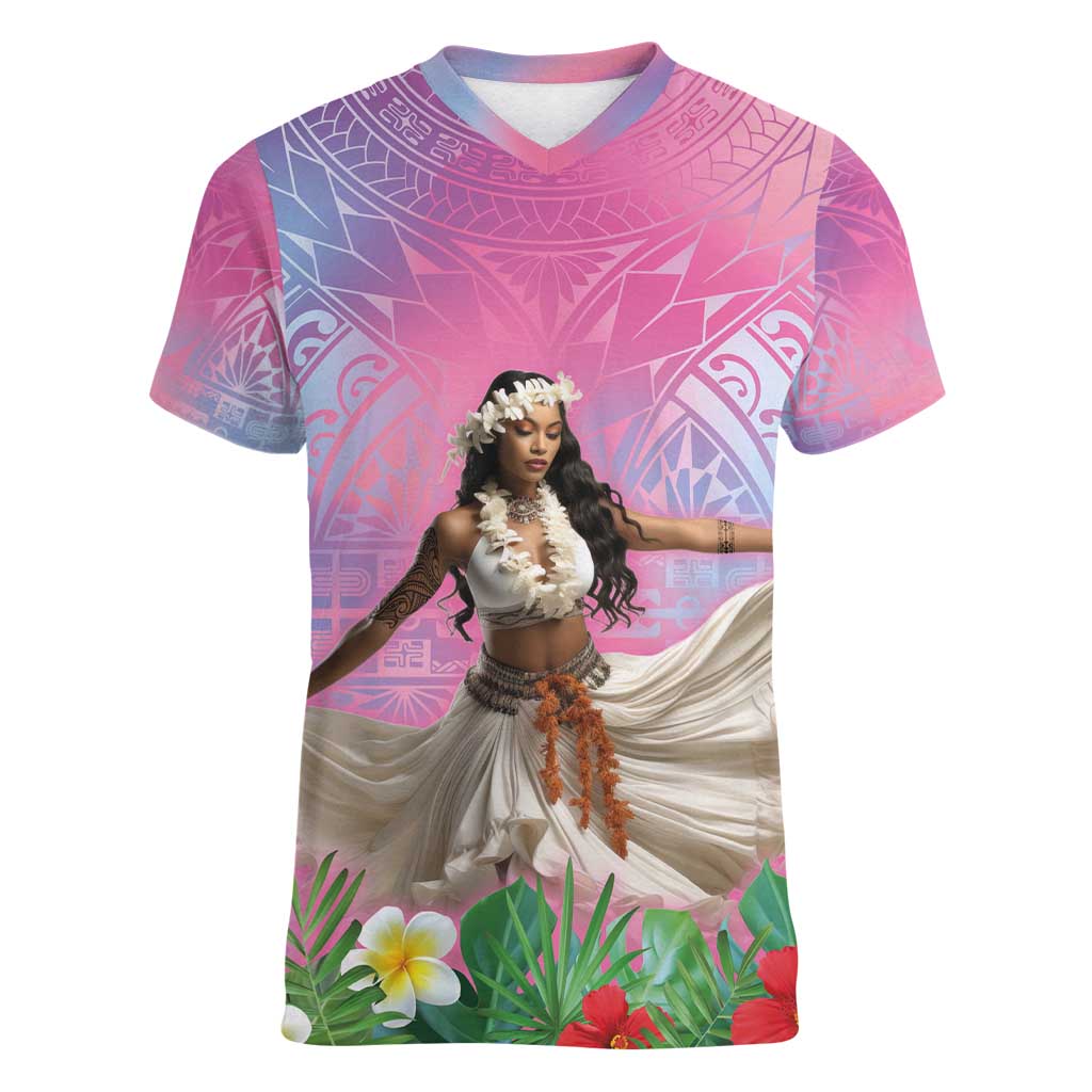 Woman Polynesian Tattoos Women V-Neck T-Shirt Tropical Flower - Sweets Vibrant Color LT03 Female Vibrant Gradient - Polynesian Pride