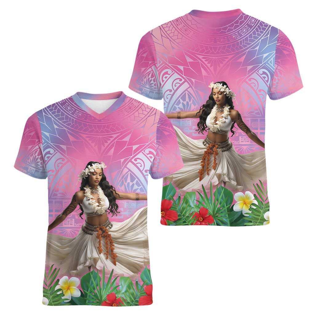 Woman Polynesian Tattoos Women V-Neck T-Shirt Tropical Flower - Sweets Vibrant Color LT03 - Polynesian Pride