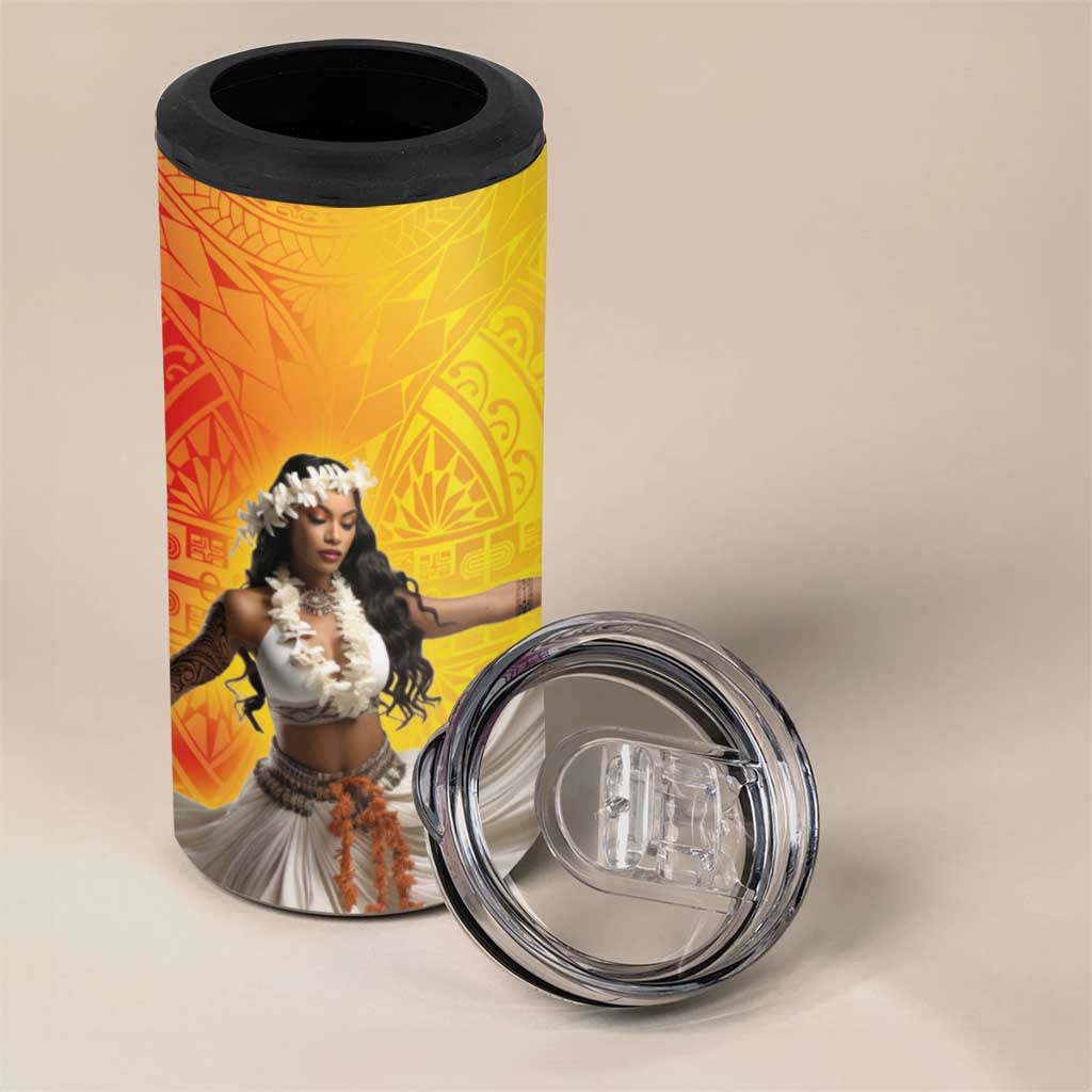 Woman Polynesian Tattoos 4 in 1 Can Cooler Tumbler Tropical Flower - Vibrant Hot Color