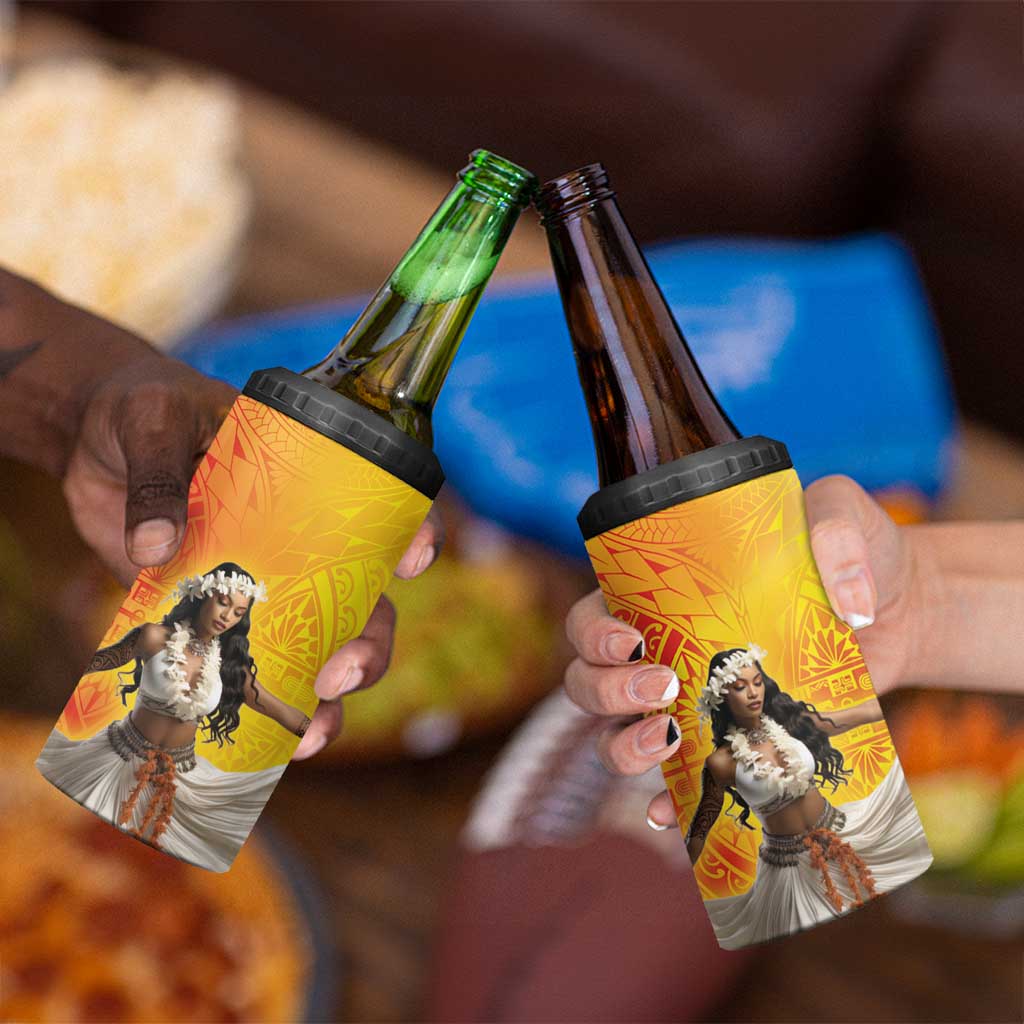 Woman Polynesian Tattoos 4 in 1 Can Cooler Tumbler Tropical Flower - Vibrant Hot Color