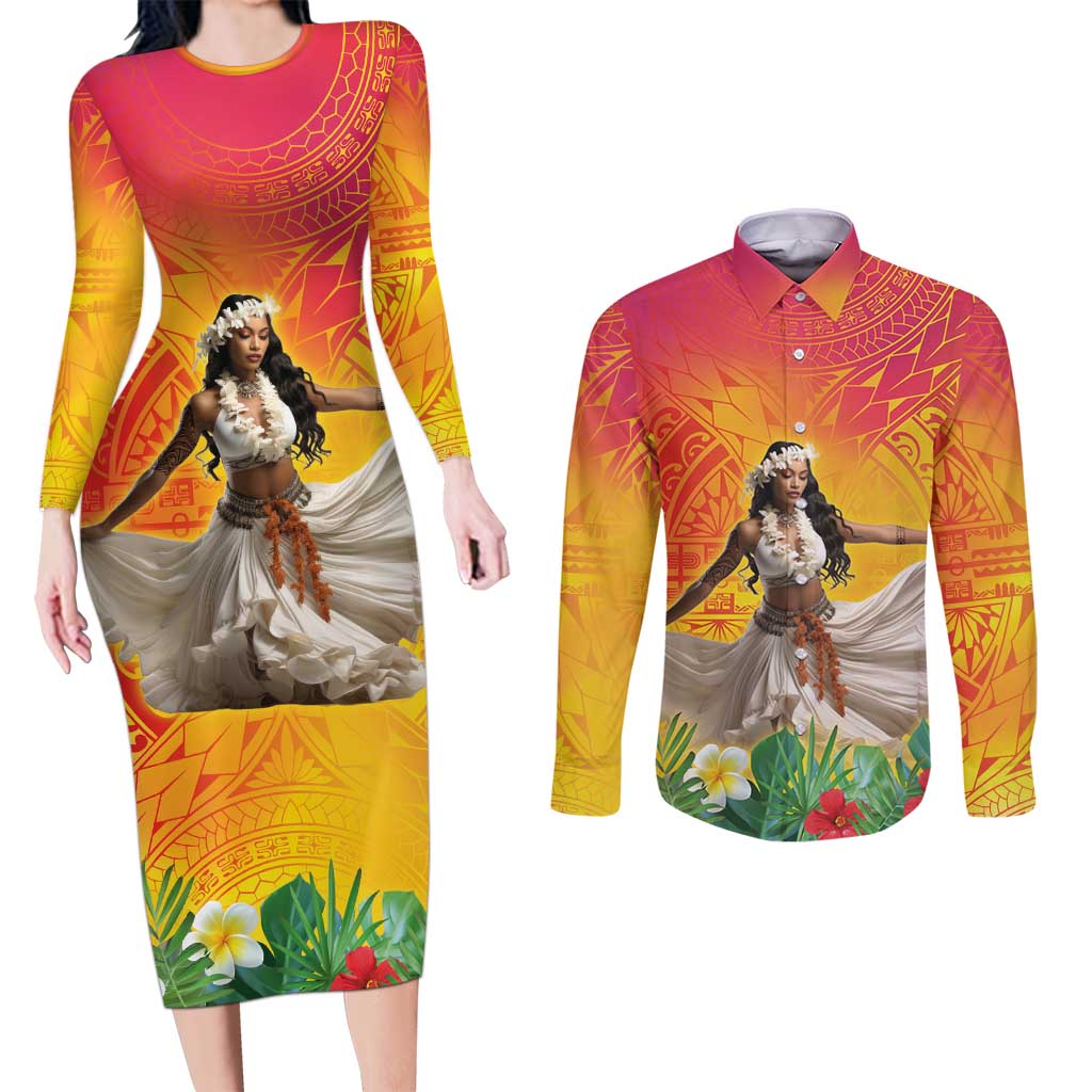 Woman Polynesian Tattoos Couples Matching Long Sleeve Bodycon Dress and Long Sleeve Button Shirt Tropical Flower - Vibrant Hot Color