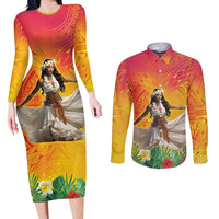 Woman Polynesian Tattoos Couples Matching Long Sleeve Bodycon Dress and Long Sleeve Button Shirt Tropical Flower - Vibrant Hot Color