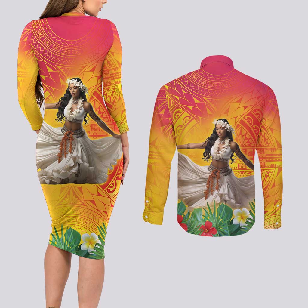 Woman Polynesian Tattoos Couples Matching Long Sleeve Bodycon Dress and Long Sleeve Button Shirt Tropical Flower - Vibrant Hot Color