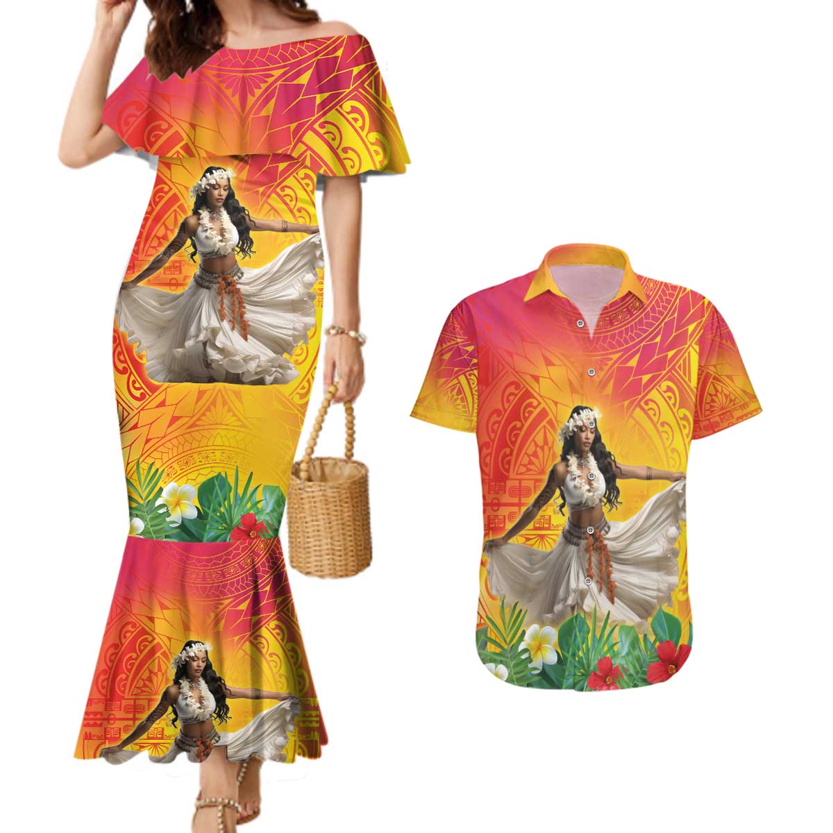 Woman Polynesian Tattoos Couples Matching Mermaid Dress and Hawaiian Shirt Tropical Flower - Vibrant Hot Color