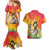 Woman Polynesian Tattoos Couples Matching Mermaid Dress and Hawaiian Shirt Tropical Flower - Vibrant Hot Color