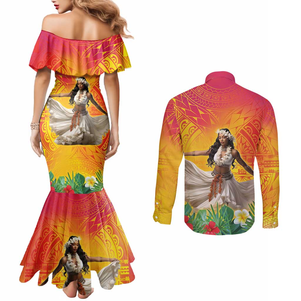 Woman Polynesian Tattoos Couples Matching Mermaid Dress and Long Sleeve Button Shirt Tropical Flower - Vibrant Hot Color