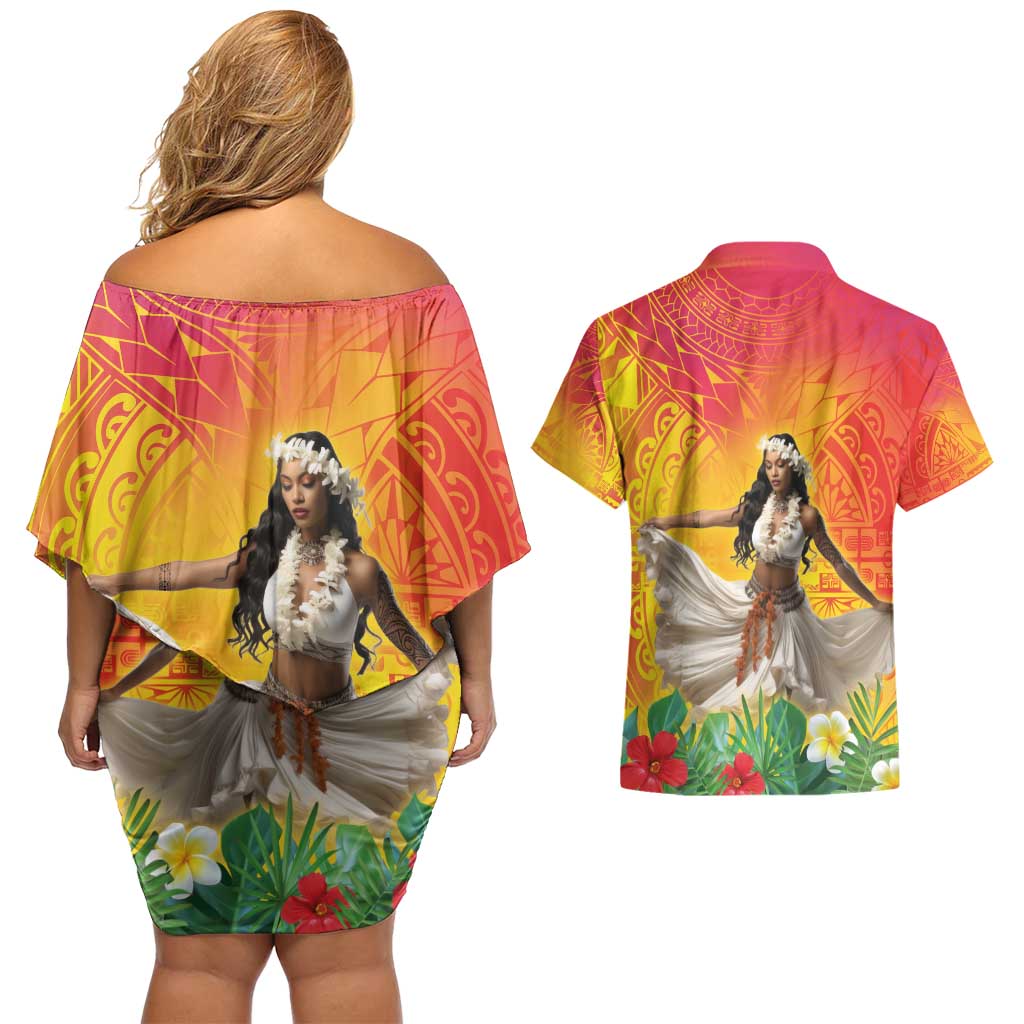 Woman Polynesian Tattoos Couples Matching Off Shoulder Short Dress and Hawaiian Shirt Tropical Flower - Vibrant Hot Color
