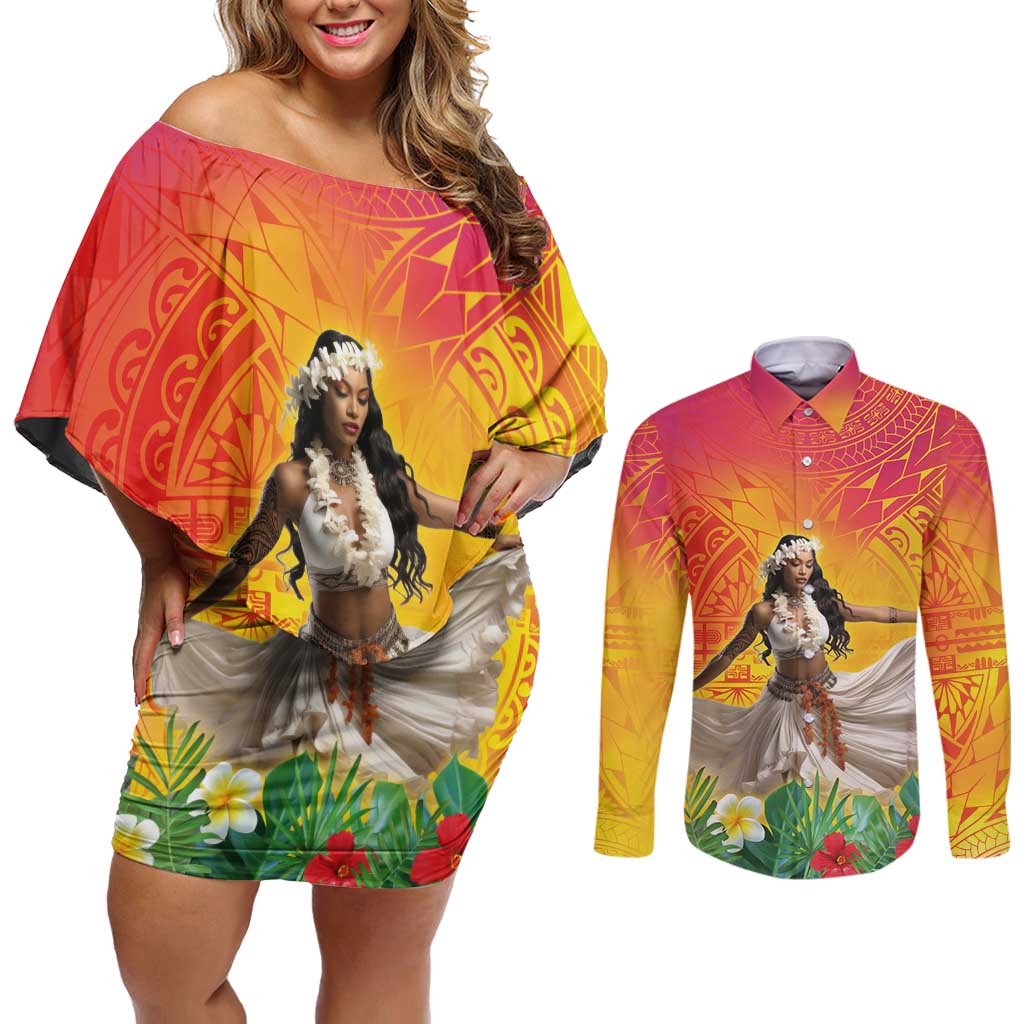 Woman Polynesian Tattoos Couples Matching Off Shoulder Short Dress and Long Sleeve Button Shirt Tropical Flower - Vibrant Hot Color