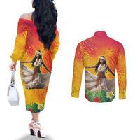 Woman Polynesian Tattoos Couples Matching Off The Shoulder Long Sleeve Dress and Long Sleeve Button Shirt Tropical Flower - Vibrant Hot Color