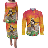 Woman Polynesian Tattoos Couples Matching Puletasi and Long Sleeve Button Shirt Tropical Flower - Vibrant Hot Color