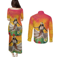 Woman Polynesian Tattoos Couples Matching Puletasi and Long Sleeve Button Shirt Tropical Flower - Vibrant Hot Color