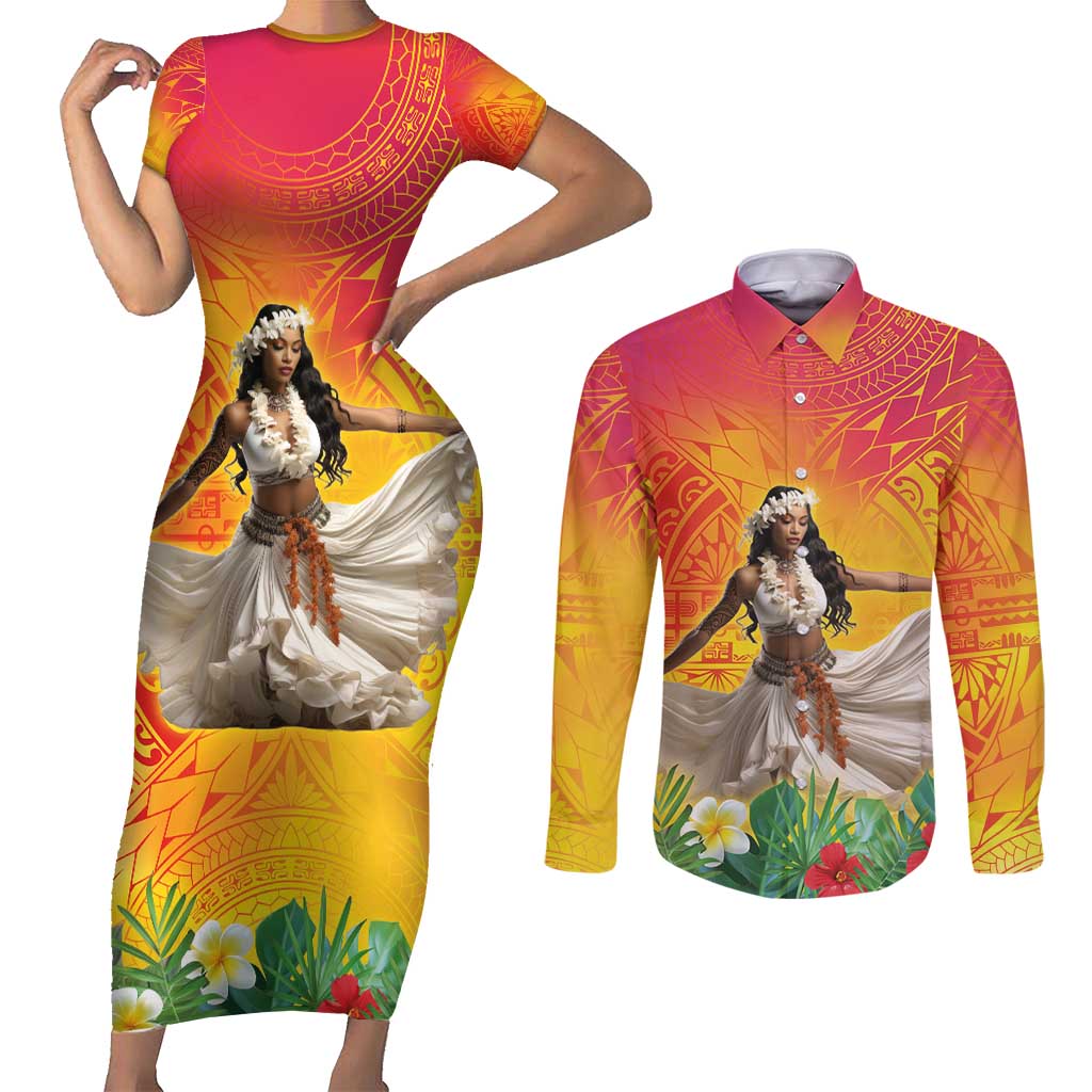 Woman Polynesian Tattoos Couples Matching Short Sleeve Bodycon Dress and Long Sleeve Button Shirt Tropical Flower - Vibrant Hot Color