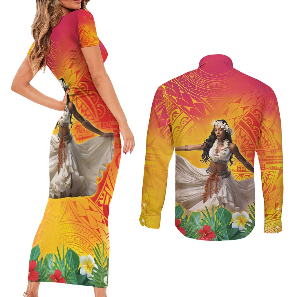 Woman Polynesian Tattoos Couples Matching Short Sleeve Bodycon Dress and Long Sleeve Button Shirt Tropical Flower - Vibrant Hot Color