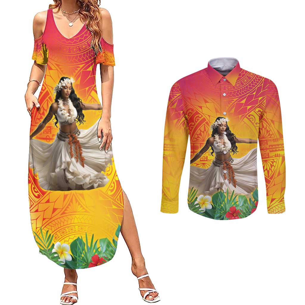 Woman Polynesian Tattoos Couples Matching Summer Maxi Dress and Long Sleeve Button Shirt Tropical Flower - Vibrant Hot Color
