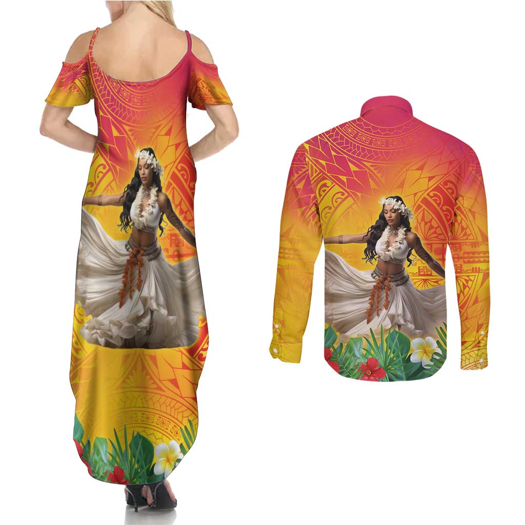 Woman Polynesian Tattoos Couples Matching Summer Maxi Dress and Long Sleeve Button Shirt Tropical Flower - Vibrant Hot Color