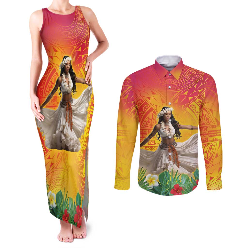 Woman Polynesian Tattoos Couples Matching Tank Maxi Dress and Long Sleeve Button Shirt Tropical Flower - Vibrant Hot Color