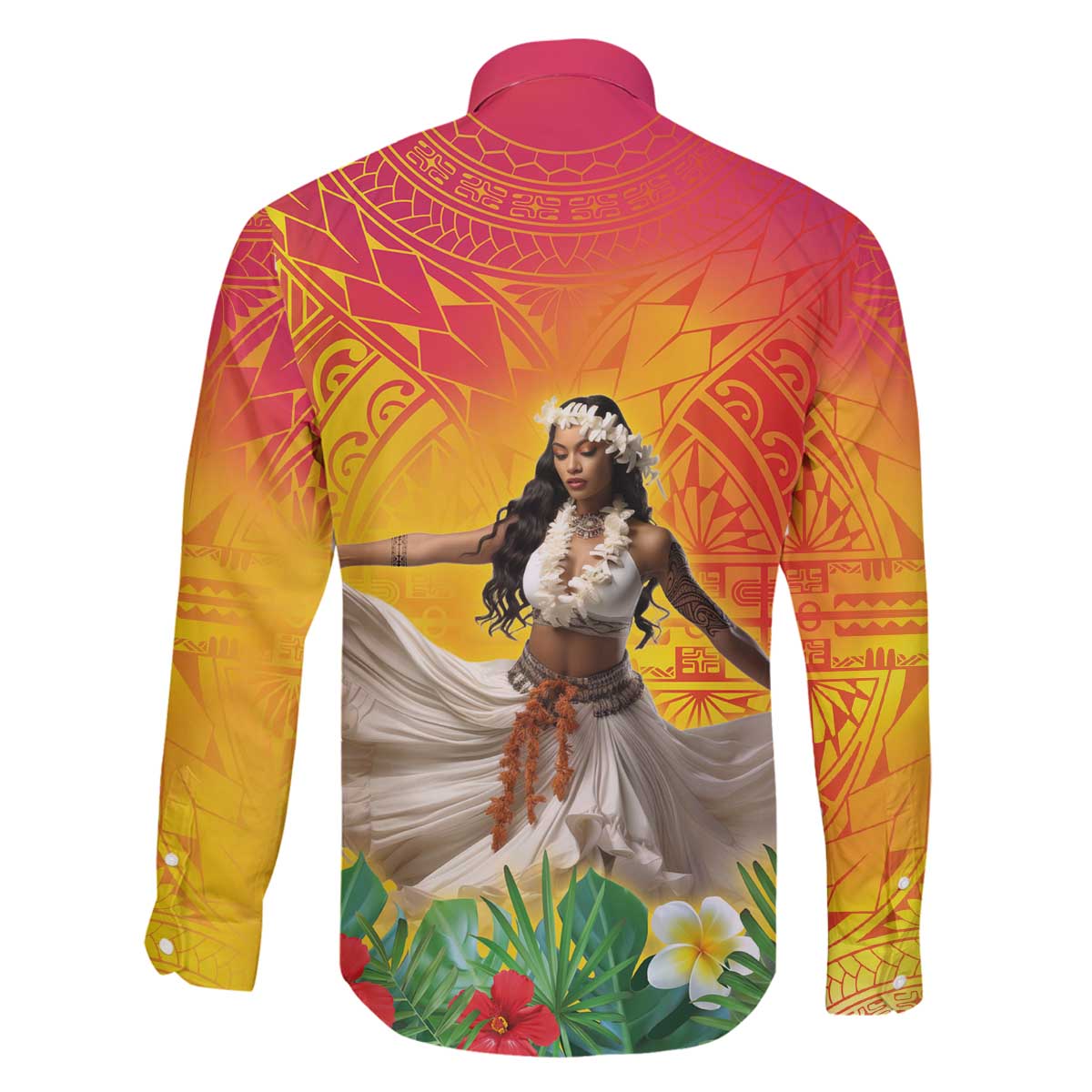 Woman Polynesian Tattoos Family Matching Off The Shoulder Long Sleeve Dress and Hawaiian Shirt Tropical Flower - Vibrant Hot Color