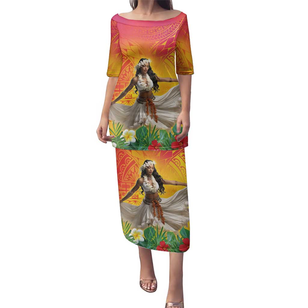 Woman Polynesian Tattoos Family Matching Puletasi and Hawaiian Shirt Tropical Flower - Vibrant Hot Color