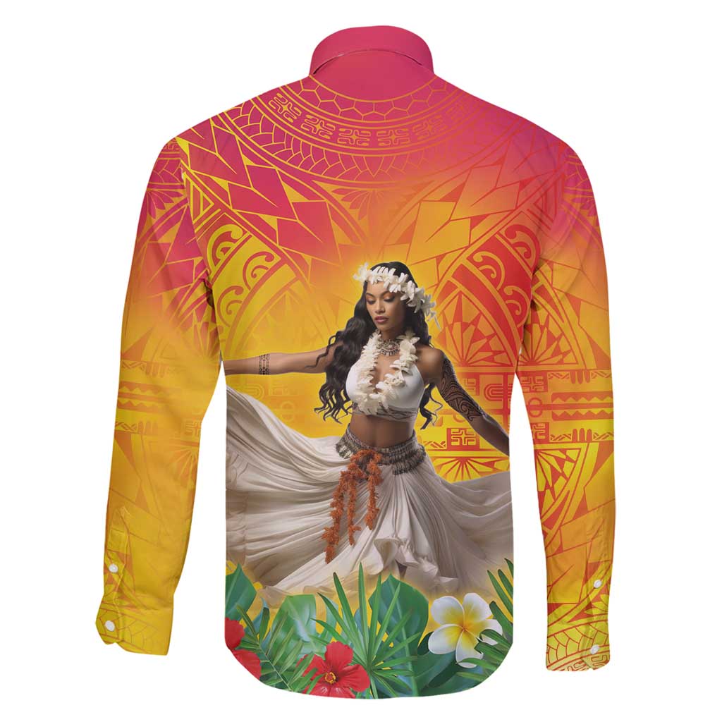 Woman Polynesian Tattoos Family Matching Summer Maxi Dress and Hawaiian Shirt Tropical Flower - Vibrant Hot Color