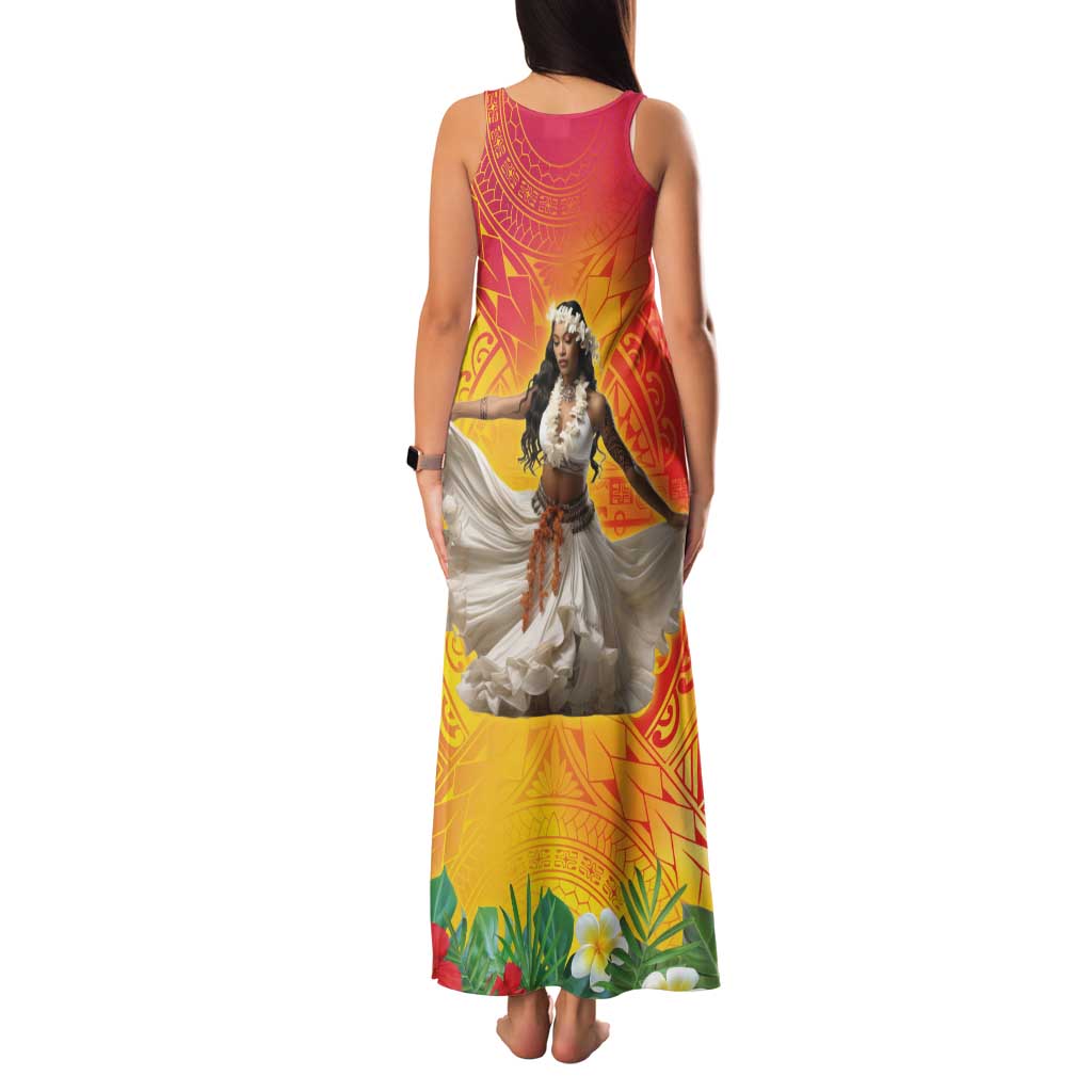 Woman Polynesian Tattoos Family Matching Tank Maxi Dress and Hawaiian Shirt Tropical Flower - Vibrant Hot Color