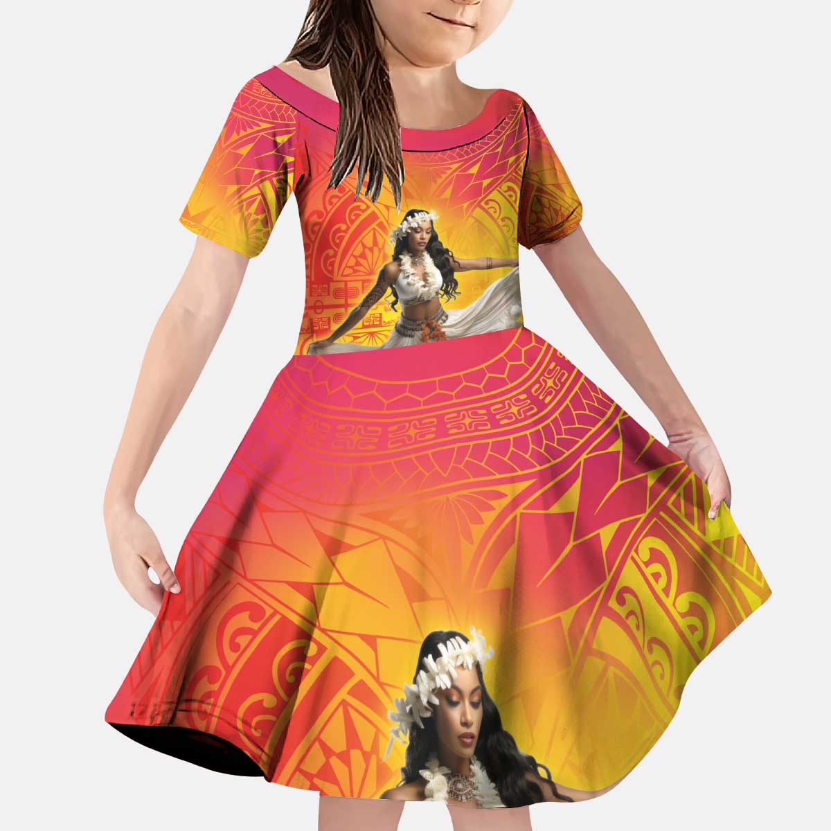 Woman Polynesian Tattoos Kid Short Sleeve Dress Tropical Flower - Vibrant Hot Color LT03 KID Vibrant Gradient - Polynesian Pride