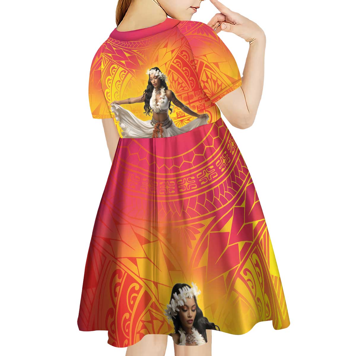 Woman Polynesian Tattoos Kid Short Sleeve Dress Tropical Flower - Vibrant Hot Color LT03 - Polynesian Pride