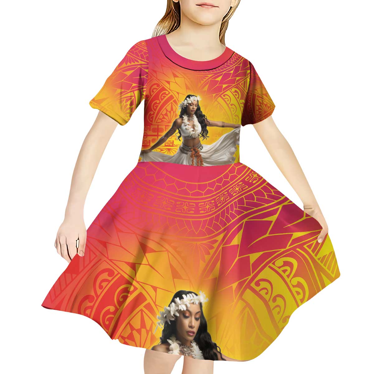 Woman Polynesian Tattoos Kid Short Sleeve Dress Tropical Flower - Vibrant Hot Color LT03 - Polynesian Pride