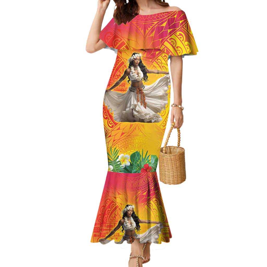 Woman Polynesian Tattoos Mermaid Dress Tropical Flower - Vibrant Hot Color