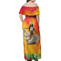 Woman Polynesian Tattoos Off Shoulder Maxi Dress Tropical Flower - Vibrant Hot Color LT03 - Polynesian Pride