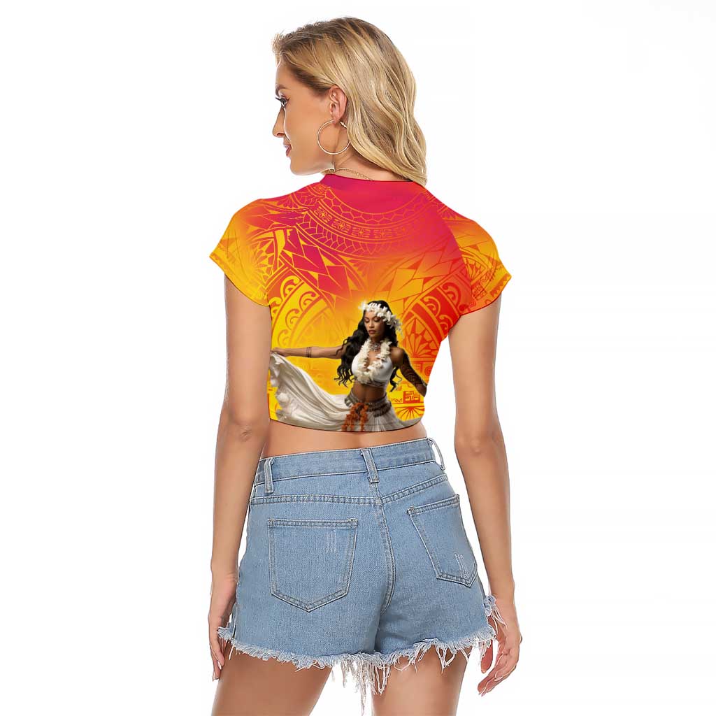Woman Polynesian Tattoos Raglan Cropped T Shirt Tropical Flower - Vibrant Hot Color LT03 - Polynesian Pride