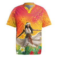 Woman Polynesian Tattoos Rugby Jersey Tropical Flower - Vibrant Hot Color