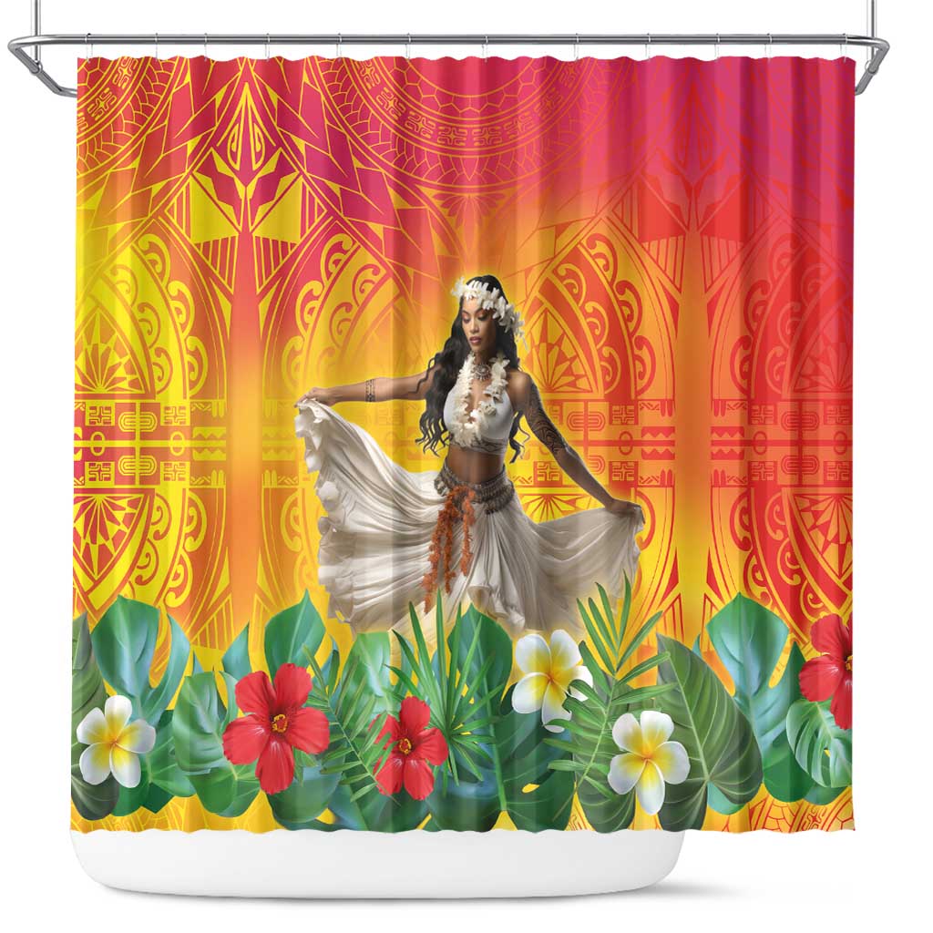 Woman Polynesian Tattoos Shower Curtain Tropical Flower - Vibrant Hot Color