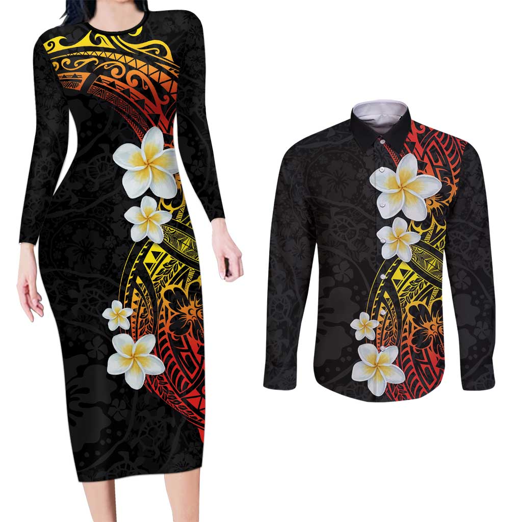 Plumeria Couples Matching Long Sleeve Bodycon Dress and Long Sleeve Button Shirt Polynesian Tribal Frangipani Sunset