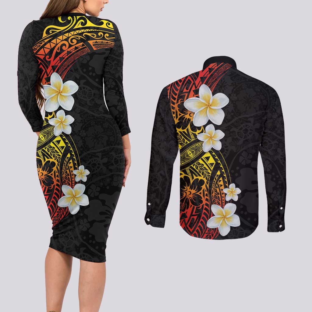 Plumeria Couples Matching Long Sleeve Bodycon Dress and Long Sleeve Button Shirt Polynesian Tribal Frangipani Sunset