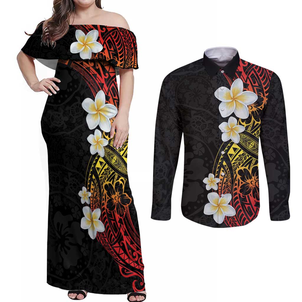 Plumeria Couples Matching Off Shoulder Maxi Dress and Long Sleeve Button Shirt Polynesian Tribal Frangipani Sunset