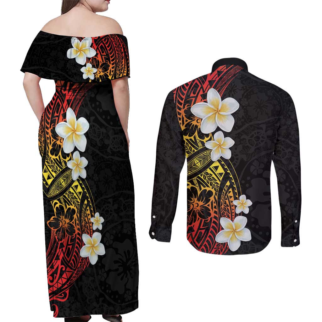 Plumeria Couples Matching Off Shoulder Maxi Dress and Long Sleeve Button Shirt Polynesian Tribal Frangipani Sunset