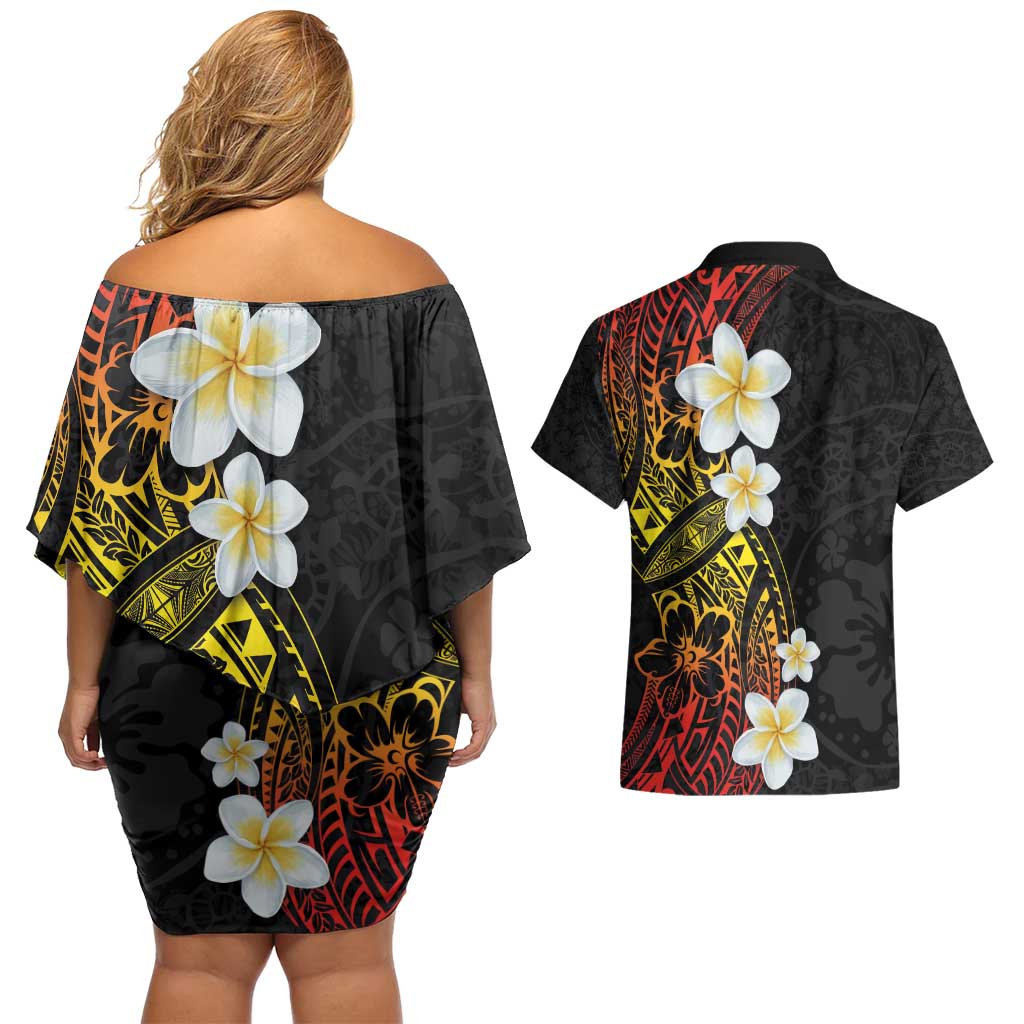 Plumeria Couples Matching Off Shoulder Short Dress and Hawaiian Shirt Polynesian Tribal Frangipani Sunset