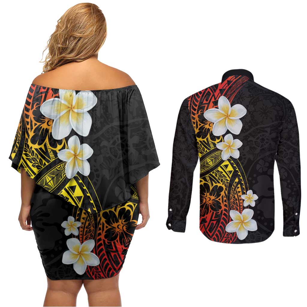 Plumeria Couples Matching Off Shoulder Short Dress and Long Sleeve Button Shirt Polynesian Tribal Frangipani Sunset