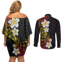 Plumeria Couples Matching Off Shoulder Short Dress and Long Sleeve Button Shirt Polynesian Tribal Frangipani Sunset