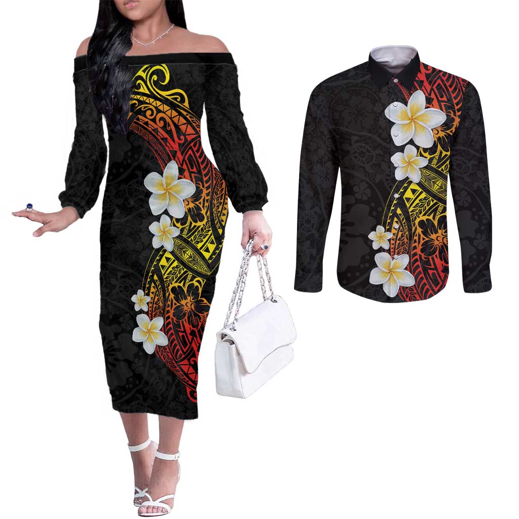 Plumeria Couples Matching Off The Shoulder Long Sleeve Dress and Long Sleeve Button Shirt Polynesian Tribal Frangipani Sunset