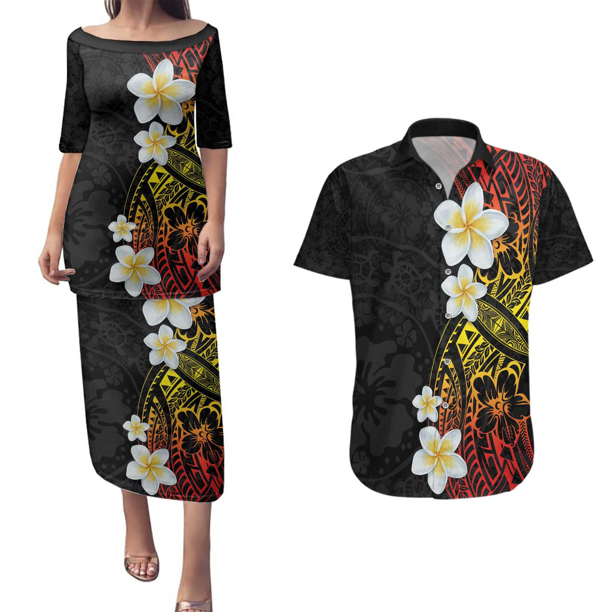 Plumeria Couples Matching Puletasi and Hawaiian Shirt Polynesian Tribal Frangipani Sunset